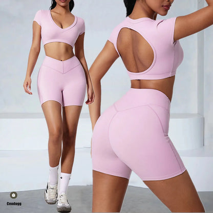 Pad 2PCS Short Sleeve Women Gym Yoga Set Clothes Sportswear Running Shorts Workout Sports Crop Top Running Suits
