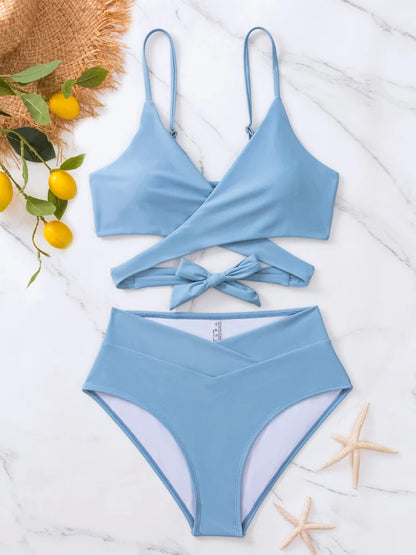Solid Strapped Bikini Set Push UP Hollow Swimsuit Women Swimwear Biquinis High Waist Backless Bathing Suit