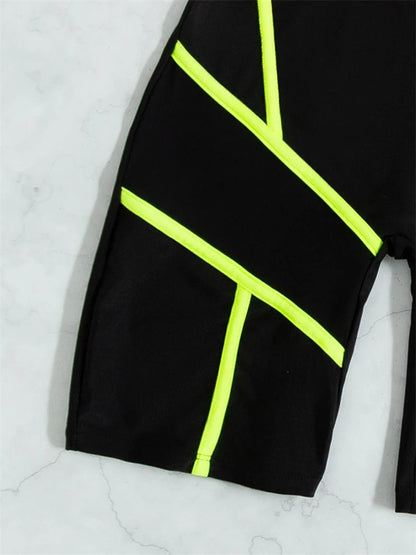 One Piece Swimsuit Women  Black Short Sleeves Zippers Swimwear Boxer Shorts Bodysuit Monokini Beach Bathing Suit Female