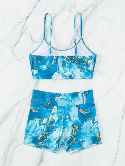 Two Pieces Marble Print Swimwear Women High Waist Swimsuit Summer Beach Wear Female Bathers Bathing Swimming Sport Suit