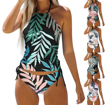 High Neck Bikini Top Teal Women's Two Piece Tropical Floral Print Swimsuit Tankini Swimsuit Women's Board Shorts Swimwear Long