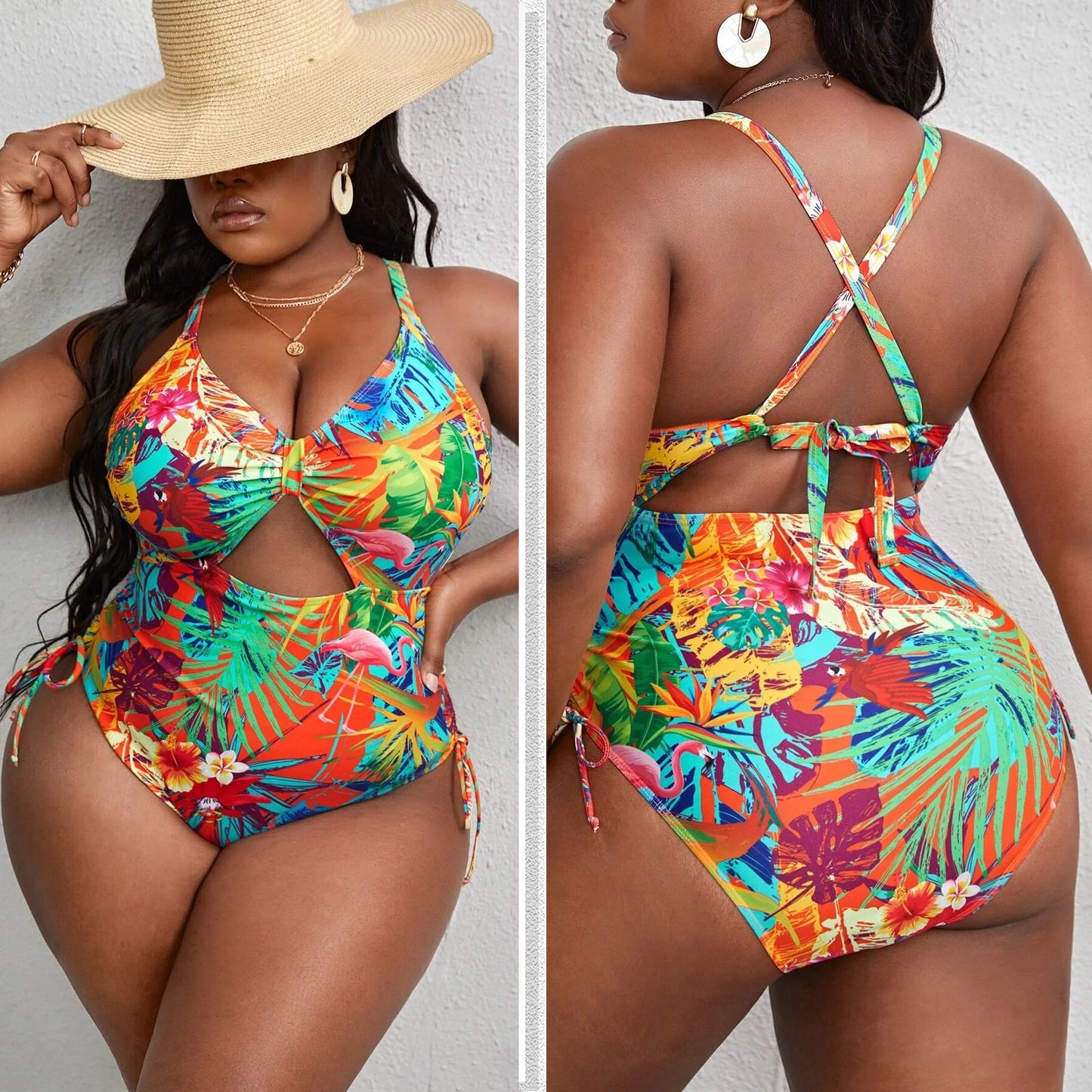 Strapped Plus Size Swimwear Women Back Cross Hollow Large One Piece Swimsuit Summer Beach Big Bathing Suit