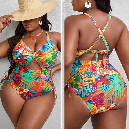 Strapped Plus Size Swimwear Women Back Cross Hollow Large One Piece Swimsuit Summer Beach Big Bathing Suit
