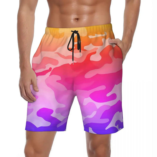 Men Board Shorts Red Camo Casual Swim Trunks Army Camouflage Breathable Sportswear Beach Short Pants