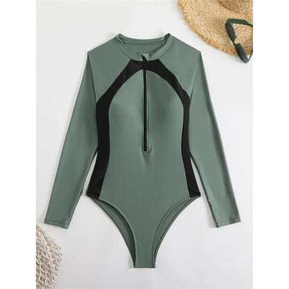 High Cut Printed Long Sleeve Zipper Surf Rash Guard One Piece Swimsuit Women Swimwear Female Bather Bathing Suit Swim