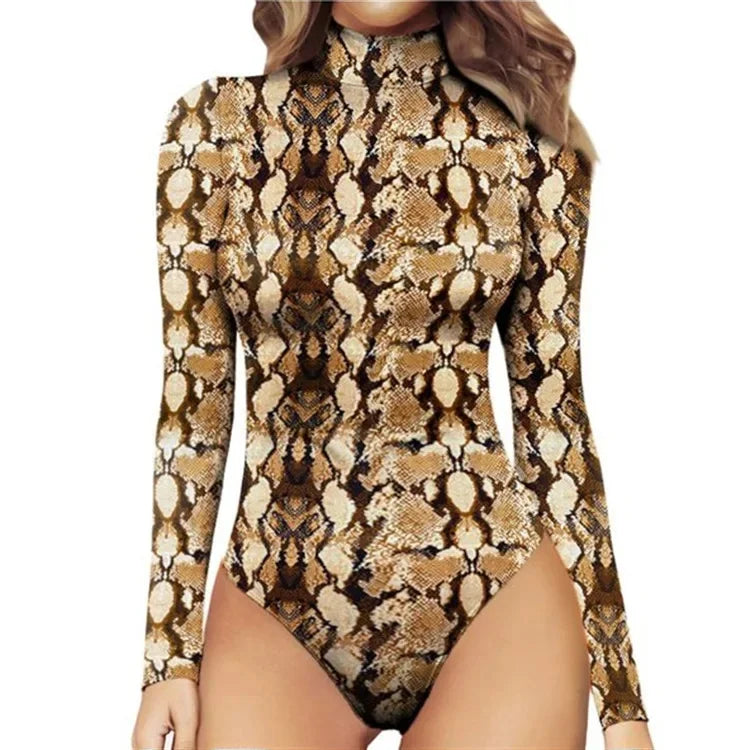 Women's Body Suit Long Sleeve Bathers Animal Patterns Tight Bodysuit Leopard bodysuit