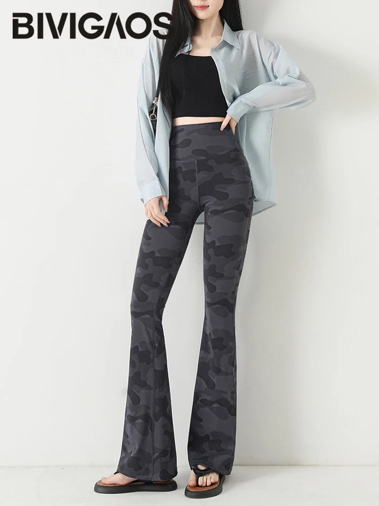 Spring/Summer Thin Camouflage Sharkskin Flared Leggings Women Fashion Tight Slimming Elastic Flared Pants