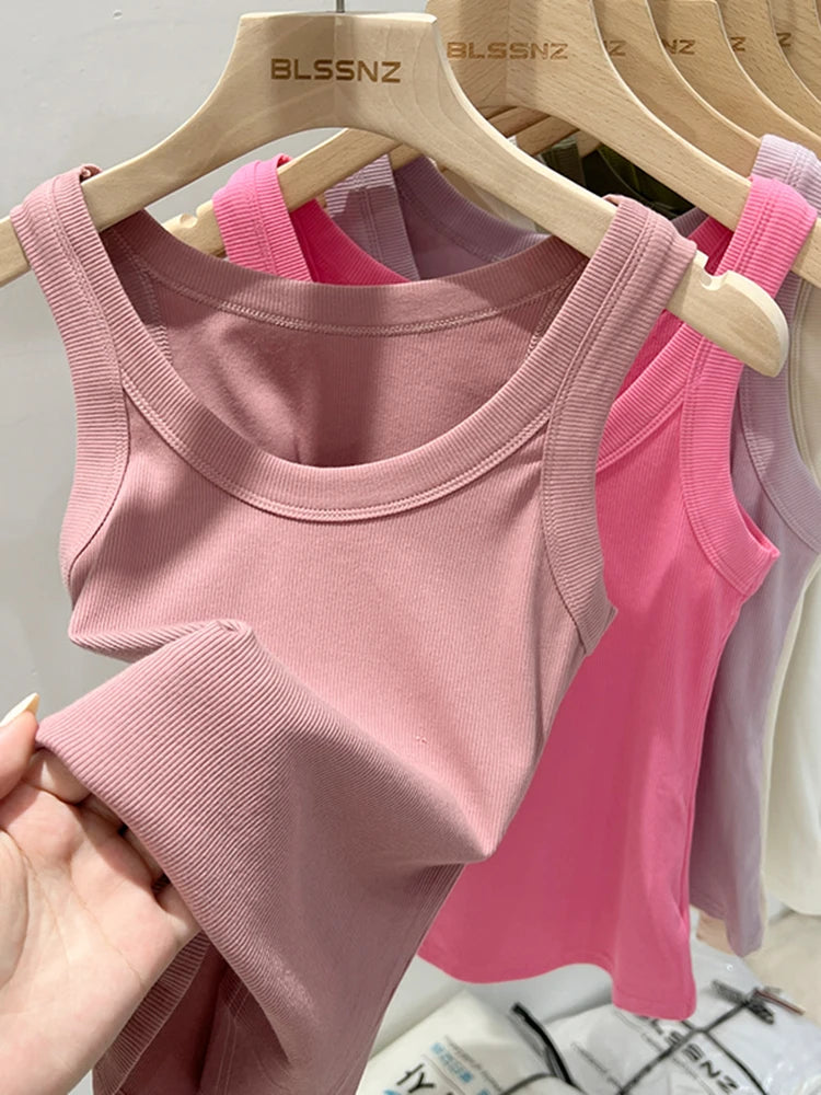 Women Solid Round Neck Ribbed Tank Top Camisole Women  Elastic Tank Top O Neck Solid Tank Top