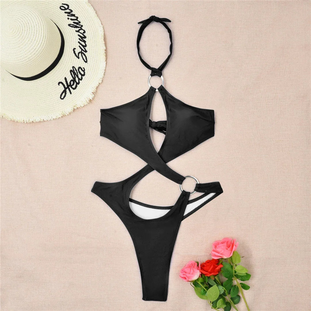 Tummy Cut Out Halter Women Thong Swimwear One Piece Swimsuit Female High Cut Monokini Rings Bathing Suit Swim Beach Wear