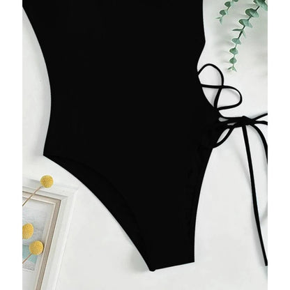 Solid High Cut Swimwear Women Backless Cross Hollow Tied One Piece Swimsuit Monokini Beach Bathing Suit