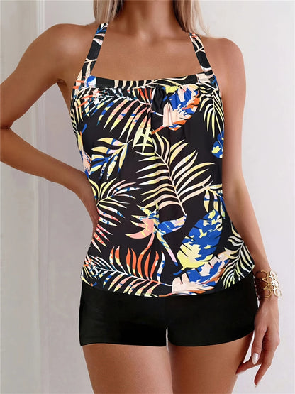 Printed Tankini Set Two Pieces Swimsuit Women Strappy Criss Cross Swimwear Female Bathers Bathing Swimming Suit Beachwear