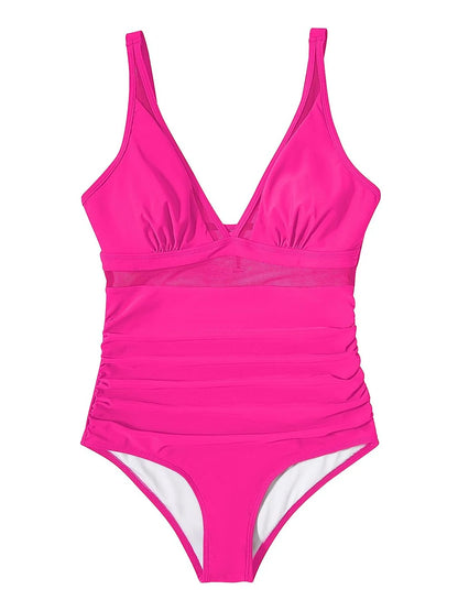 Mesh Panel Swimsuit One Piece High Cut Swimwear Women Solid Bathers Bathing Suit Female Backless Swimming Beachwear