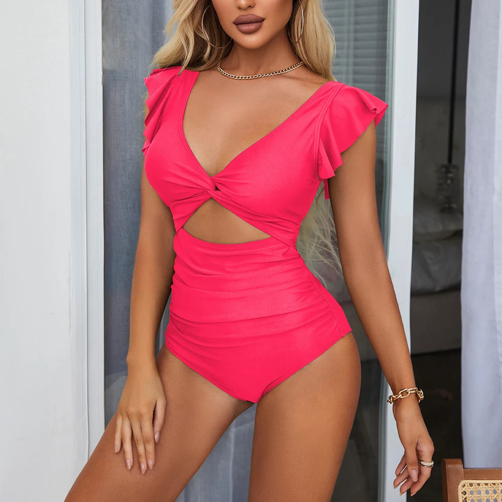 Women One Piece Monokini Ruffle V Neck Ruched Solid Hollow Out Fashion Soft Swimwear Bathing Suit