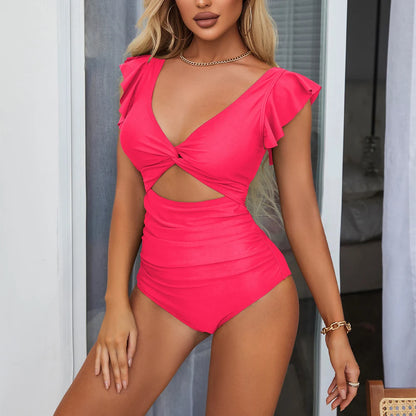Women One Piece Monokini Ruffle V Neck Ruched Solid Hollow Out Fashion Soft Swimwear Bathing Suit