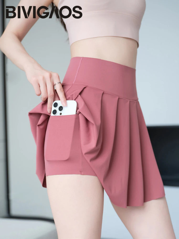 Pleated Skirts Shorts With Pocket Women Sharkskin Sport Fitness Tennis Mini Short Skirt