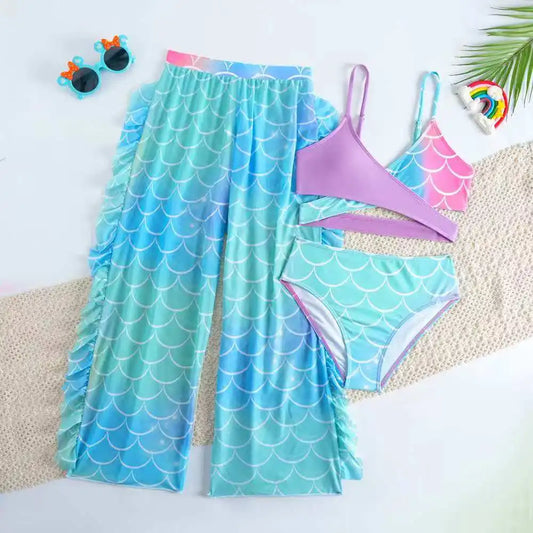 Girls 3pack Mermaid Print Cross Wrap High Waist Bikini Beach Pants Kids Swimsuit 8-12 Years Children's Swimwear Bathing Suit