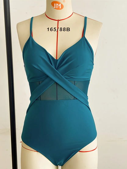 Vintage Strappy Swimsuit Women One Piece Solid Mesh Swimwear Female Bathers Bathing Swimming Swim Suit Beachwear XXL
