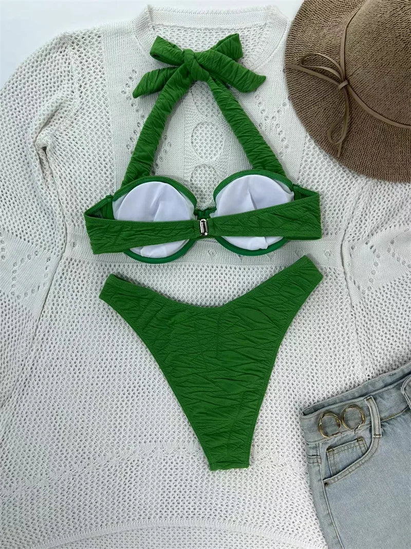 Underwire Halter Swimwear Bandeau Bikini Sets Women Swimsuit Thong Brazilian Bathing Suit Beachwear