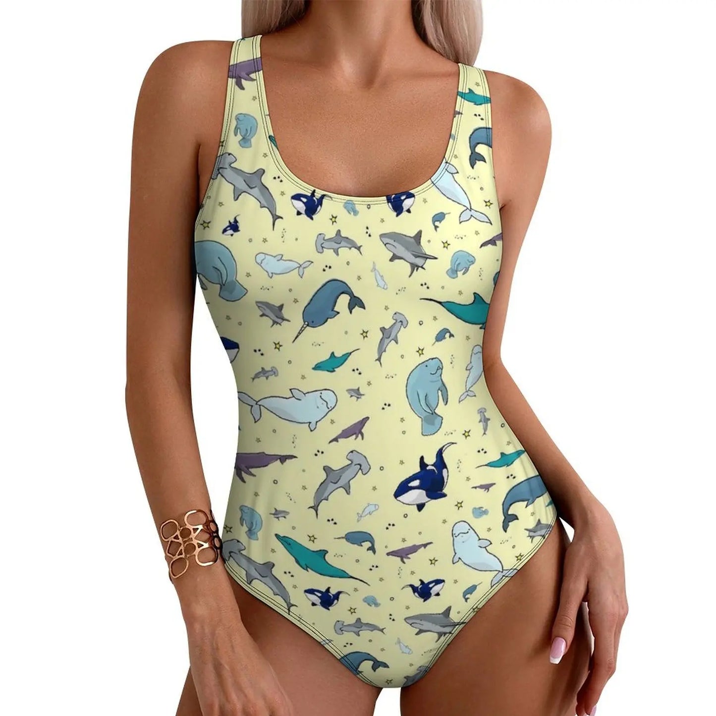 Rainbow Sea Fish Swimsuit Cute Animal Print One-Piece Swimwear Push Up Bodysuit Kawaii Holiday Rave Bathing Suit