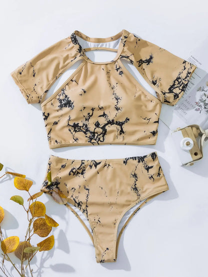 Marble Print Bikinis Women High Neck Swimsuit High Waist Swimwear Female Bathers Bathing Swimming Suit Summer Beachwear