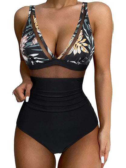 Mesh Panel Swimsuit One Piece High Cut Swimwear Women Solid Bathers Bathing Suit Female Backless Swimming Beachwear