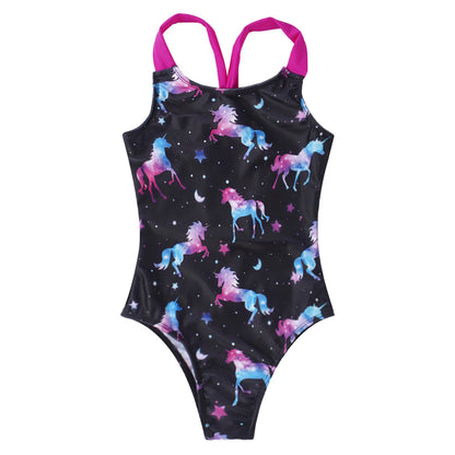 Girls Printed Swimsuit One-Piece Sleeveless Wide Shoulder Straps Sapphire for with Horse And Stars Pattern Printing