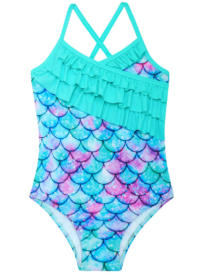 One-Piece Swimsuit Bikini Cut Ruffle Frill Swimwear Kids Girl Shimmering Scale Printed Thin strap Cross back Summer Swimming Suit