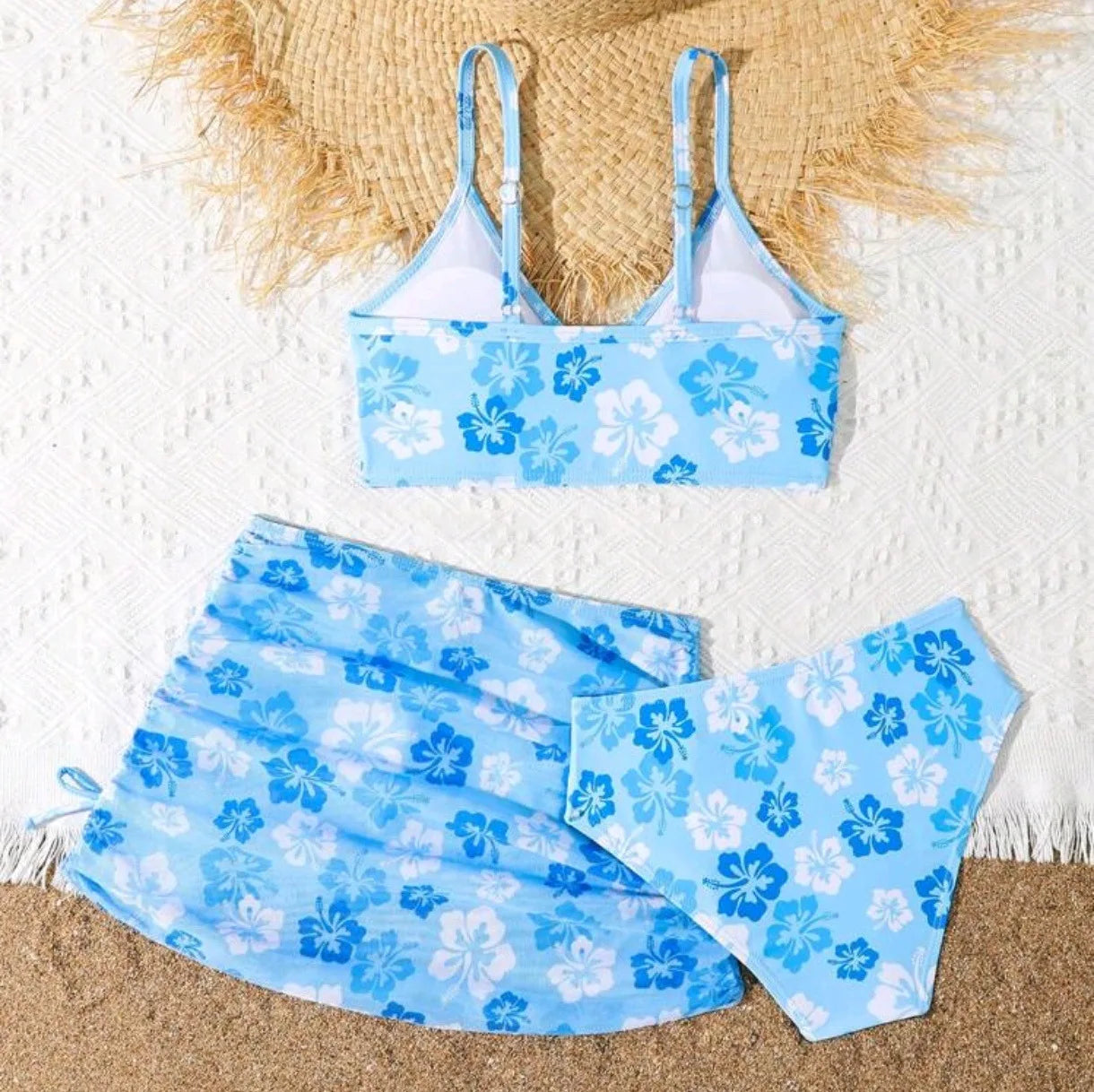 Girls 3 Piece Floral Print Bikini Sets Kids Swimsuit Beach Skirts 7-12 Years Children's Swimwear 2025 Teenages Girl Bathing Suit