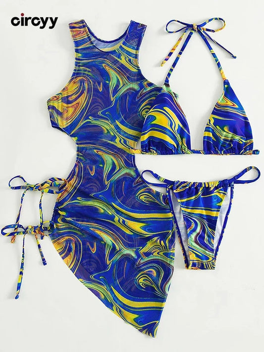 Tie Dye Swimsuit Women Lace Up Bikini Suit Hollow Out Block Color Bathing Suit Three-pieces Swimwear Beachwear