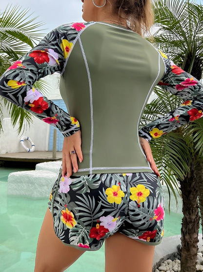 Rash Guard Floral Surf Swimsuit Long Sleeve High Waist Shorts Swimwear Women Two Piece Rash guard Diving Clothes Bathing Swimming Suit