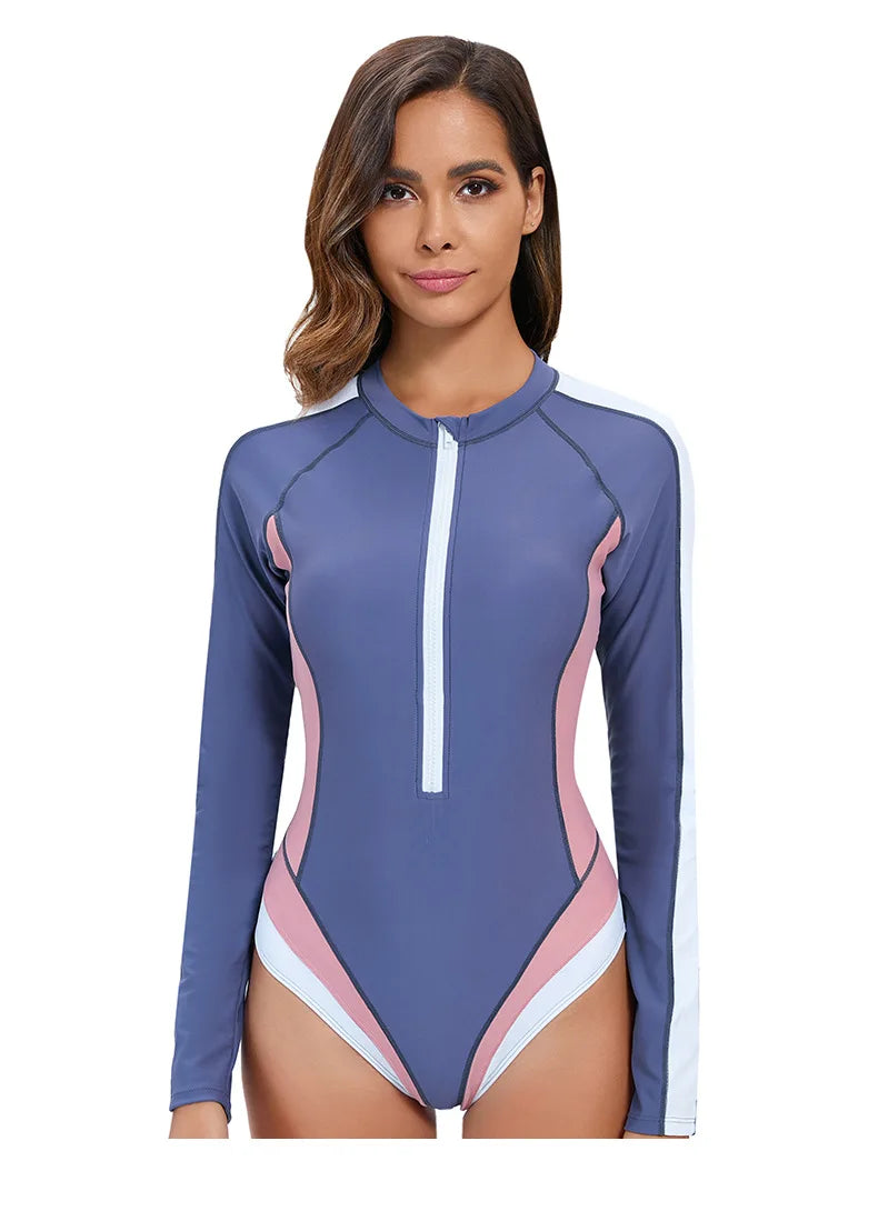 Long Sleeved Sun Protection One-piece Sports Swimsuit for Women High Elasticity Slim Zipper Sports Bikini Monokini Surfing Suit