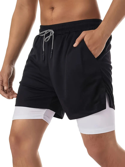 Men's Compression Shorts 2-in-1 Double Layer Beach Shorts Gym Fitness Running Quick Dry Short Pants Summer Print Sportswear
