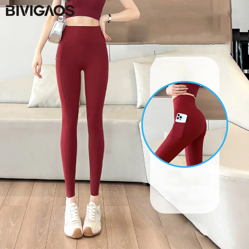 Side Pocket Sharkskin Leggings Women High Waist Tight Fitness Yoga Leggings Push Up Running Leggings