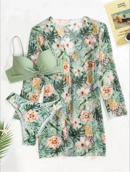 3 Pieces High Waist Bikini With Long Sleeve Kimono Swimsuit Women Print Swimwear Female Bathing Swimming Beach Suit Summer