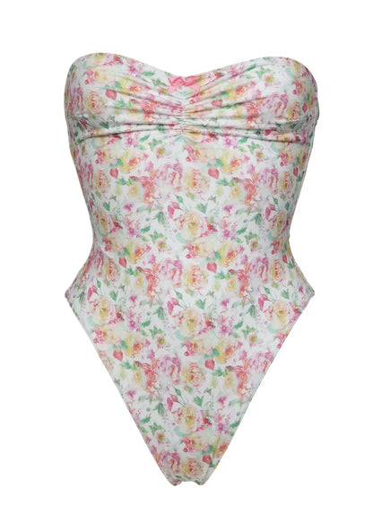 Tube Top One Piece Swimsuit Women Flowers Print Backless Swimwear Tropical Summer Beachwear Bathing Suit Bodysuit