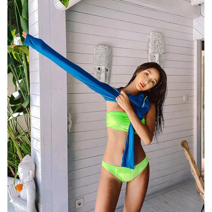 Blue Long Sleeve Top Zipper Bikinis Korean Beach Wear 3 Pack Swimsuit Women Swimwear Neon Bathing Suits Pool Bather