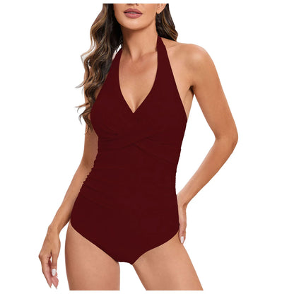 Tummy Control Swimsuit Summer Swimwear Women Biquini Cross Front Halter Neck Ruched Backless Color Block Bathing Suit