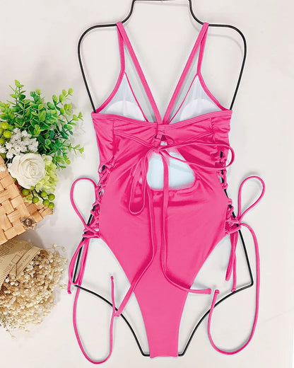 Splicing High Cut Out One Piece Swimsuit Women Tassel Swimwear Female Bathing Suit String Leopard Bikini Monokini Lady