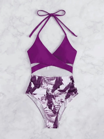 Halter Printed Swimwear Women One Piece Cross Front Swimsuit Female Bathers Bathing Swimming Suit High Cut Beachwear Summer