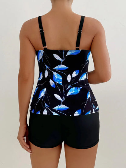 Strappy Tankini Leaf Printed Swimsuit Women Two Pieces High Waist Shorts Swimwear Female Bathing Swimming Suit Beachwear