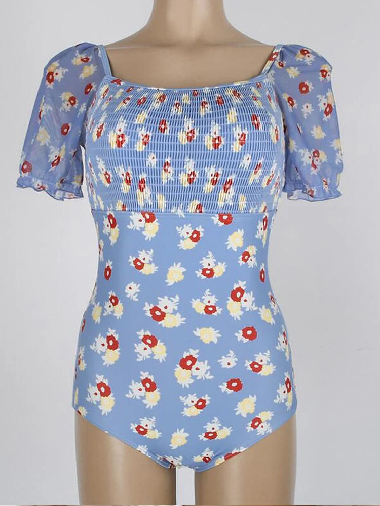 Mesh Short Sleeve Off Shoulder One Piece Swimsuit Flower Print Swimwear Women Blue High Waist Bathing Suit