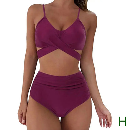 Bikini Two Piece Suit Cross Front Slim High Waisted Bottom Solid/Print Breathable Quick Drying Beachwear