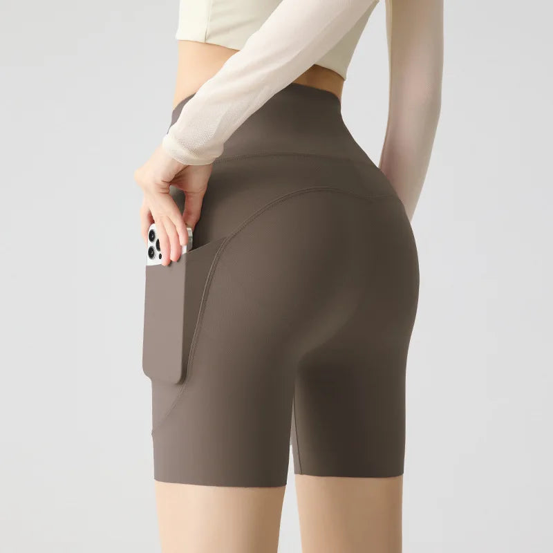 Summer Pocket High Waist Sharkskin Shorts Women Tight Butt Lifter Light Feeling Sport Fitness Yoga Bicycle Shorts