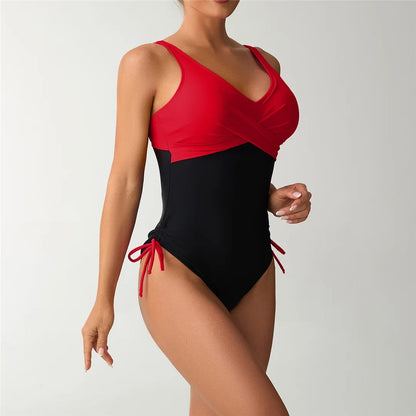 S - XXL Splicing V Neck Backless Women Swimwear One Piece Swimsuit Female High Leg Cut Padded Bather Bathing Suit Swim