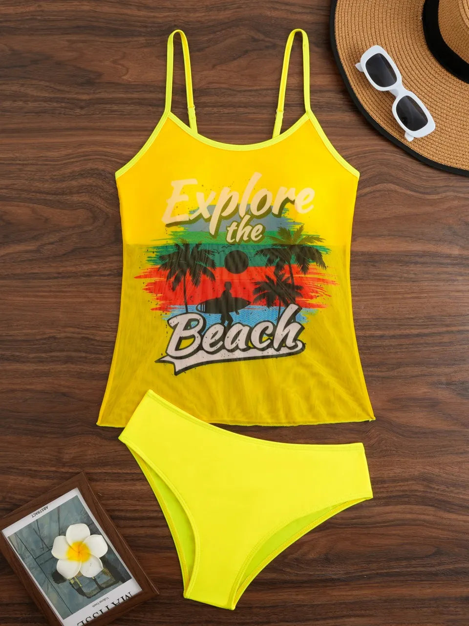 Strappy Two Pieces Women Mesh Printed Swimsuit Sheer Swimwear Female Triangle Bathing Swimming Suit Padded Beachwear