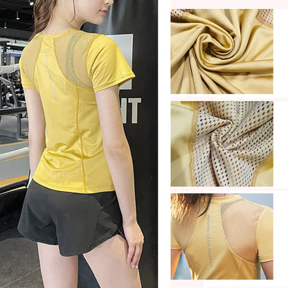 Quick Dry Breathable Mesh Splicing Slim Fit Reflective Strip Back Elastic Women Short Sleeve Sport T-shirt Yoga Gym Top