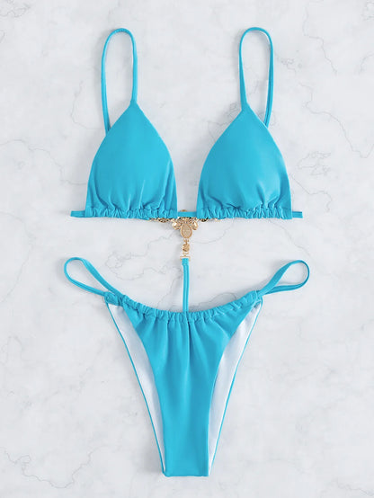 One Piece Swimwear Swimsuit Women Triangle Backless Crystal Decor Thong Sky Blue Bikinis Set Bathing Suit Beach Bikini