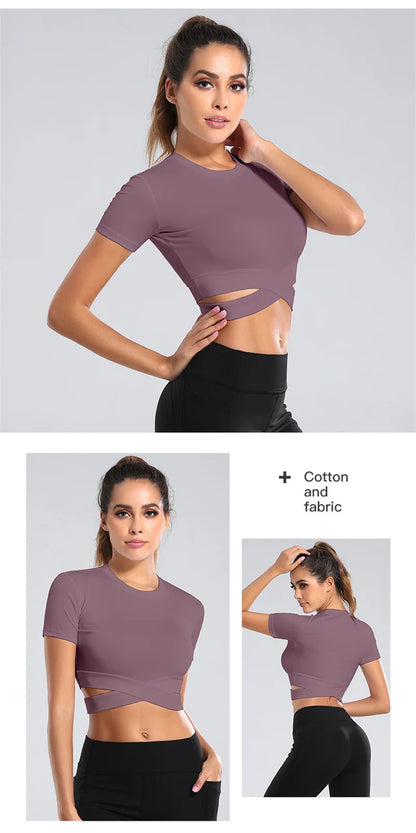 Aiithuug Waist Yoga Short Sleeve Crisscross Waist Breathable Gym Shirts Sports Tops Workout Fitness Crop Top Yoga Top