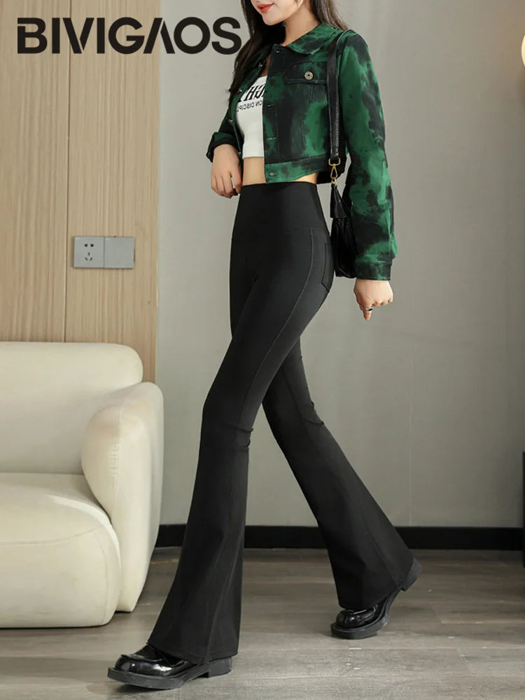 Fashion Back Pocket Shark Flared Pants Women Tight-Fit Slim High Waist Pants Push Up Sport Fitness Flare Leggings