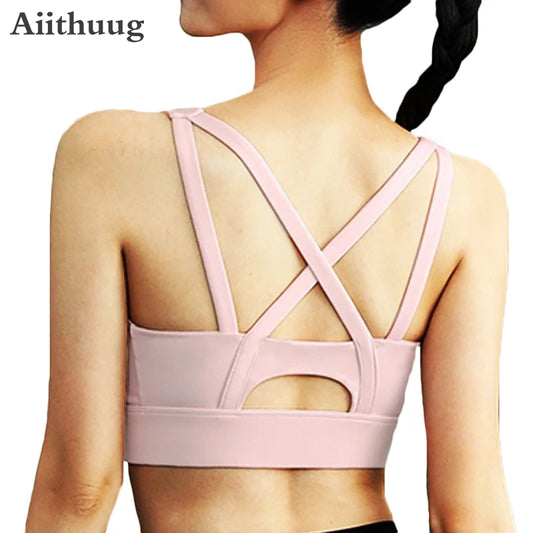 Aiithuug Front Zipper Crisscross Yoga Bra With Built In Cup Women's Strappy Wirefree Sport Gym Pilates Bra High Impact Underwear